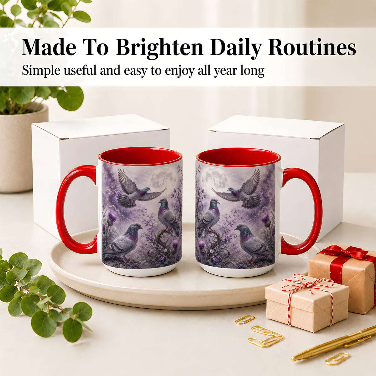 #pl[15oz|Red] Purple Pigeon Ceramic Mug, Moonlit Floral Bird Art for Bird Fans