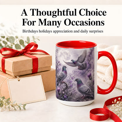 #pl[15oz|Red] Purple Pigeon Ceramic Mug, Moonlit Floral Bird Art for Bird Fans