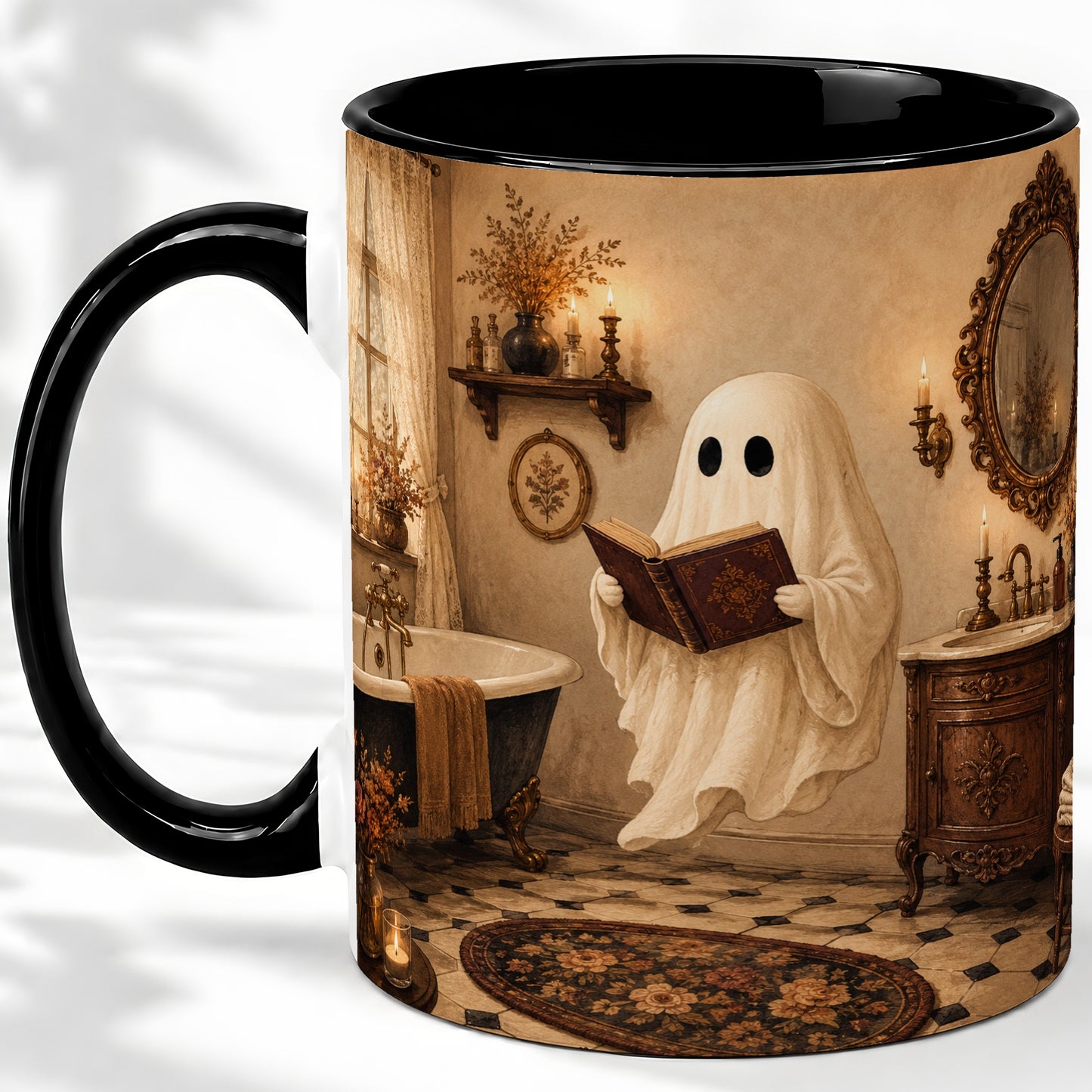 #pl[11oz|Black] Reading Ghost Ceramic Mug, Vintage Bathroom Halloween Art for Readers