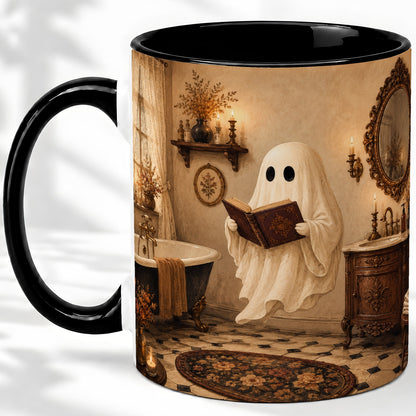 #pl[11oz|Black] Reading Ghost Ceramic Mug, Vintage Bathroom Halloween Art for Readers