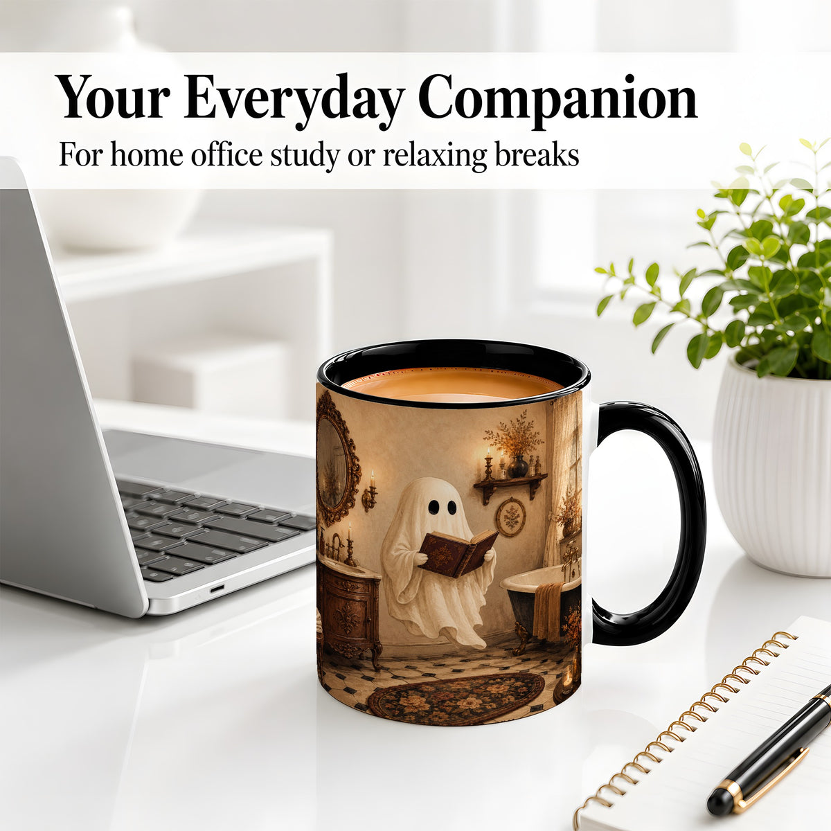 #pl[11oz|Black] Reading Ghost Ceramic Mug, Vintage Bathroom Halloween Art for Readers