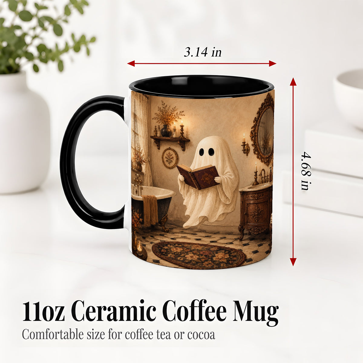 #pl[11oz|Black] Reading Ghost Ceramic Mug, Vintage Bathroom Halloween Art for Readers