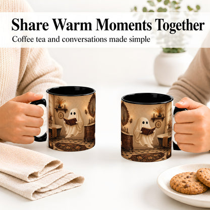 #pl[11oz|Black] Reading Ghost Ceramic Mug, Vintage Bathroom Halloween Art for Readers