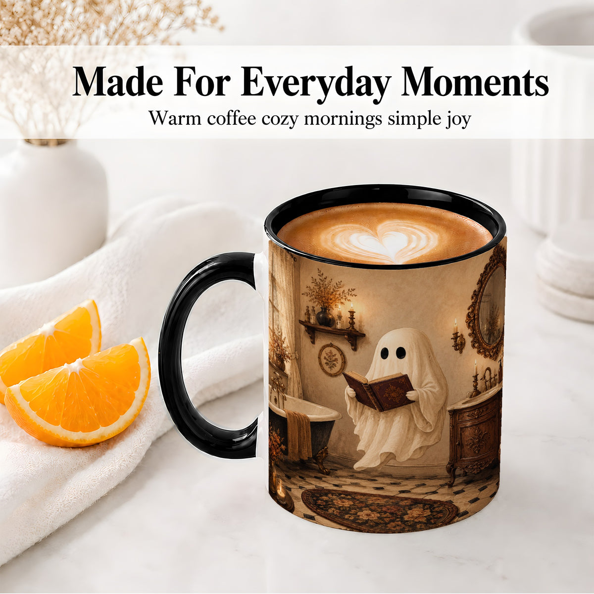 #pl[11oz|Black] Reading Ghost Ceramic Mug, Vintage Bathroom Halloween Art for Readers