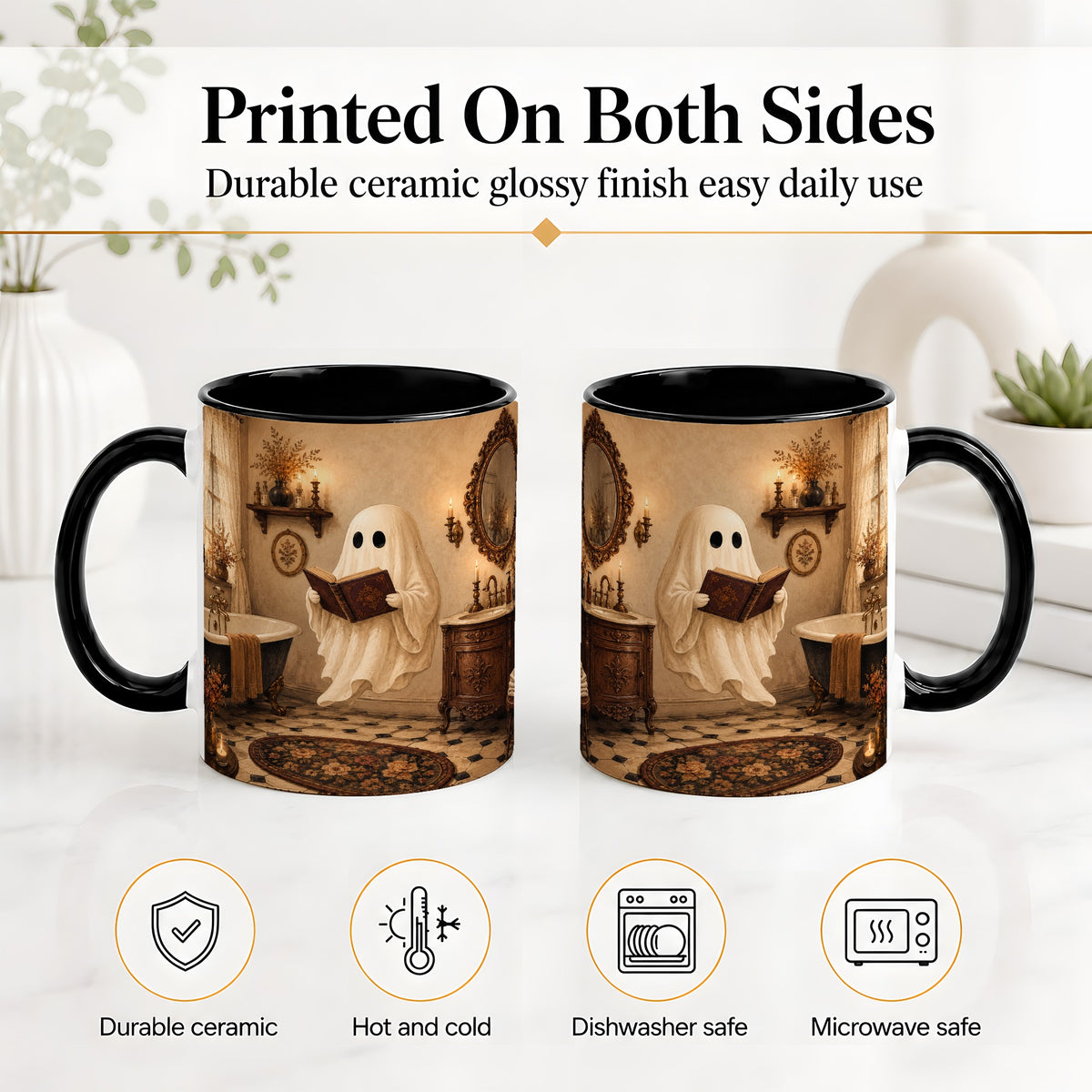 #pl[11oz|Black] Reading Ghost Ceramic Mug, Vintage Bathroom Halloween Art for Readers