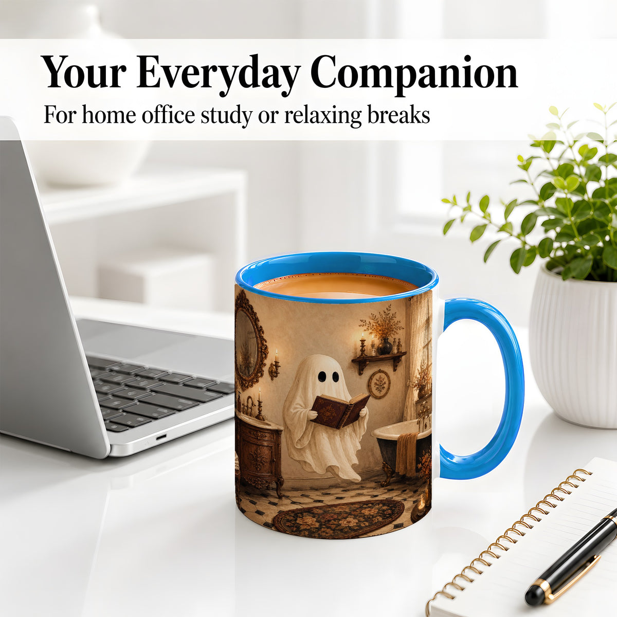 #pl[11oz|Blue] Reading Ghost Ceramic Mug, Vintage Bathroom Halloween Art for Readers