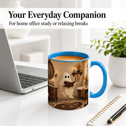 #pl[11oz|Blue] Reading Ghost Ceramic Mug, Vintage Bathroom Halloween Art for Readers