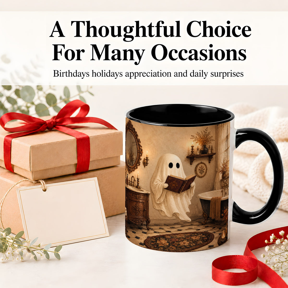 #pl[11oz|Black] Reading Ghost Ceramic Mug, Vintage Bathroom Halloween Art for Readers
