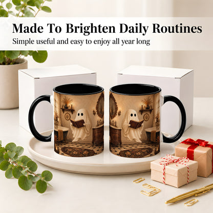 #pl[11oz|Black] Reading Ghost Ceramic Mug, Vintage Bathroom Halloween Art for Readers