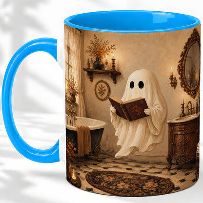 #pl[11oz|Blue] Reading Ghost Ceramic Mug, Vintage Bathroom Halloween Art for Readers