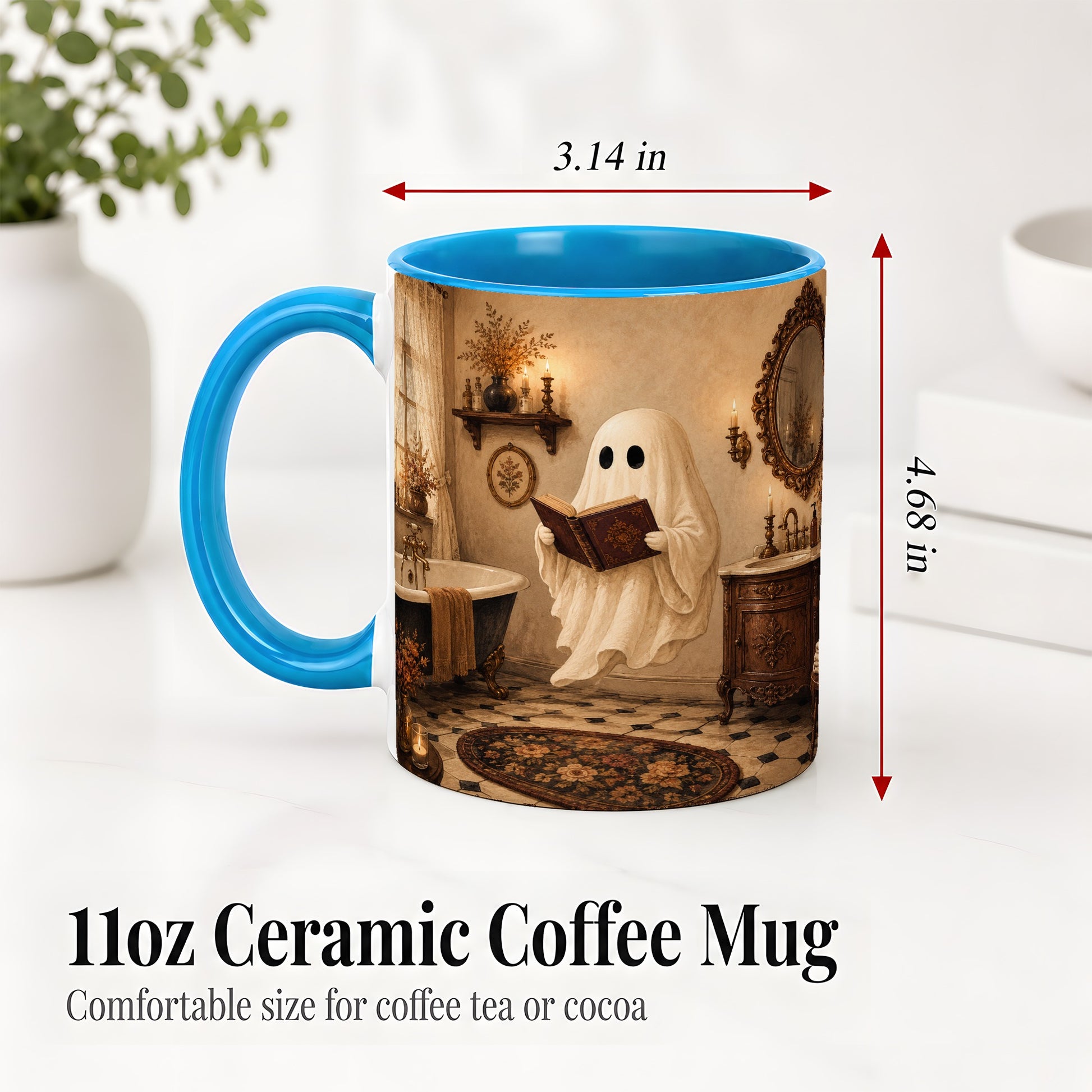 #pl[11oz|Blue] Reading Ghost Ceramic Mug, Vintage Bathroom Halloween Art for Readers