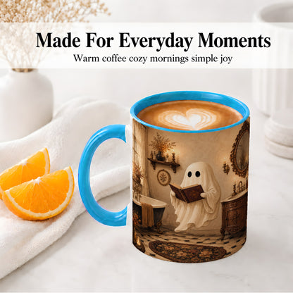 #pl[11oz|Blue] Reading Ghost Ceramic Mug, Vintage Bathroom Halloween Art for Readers