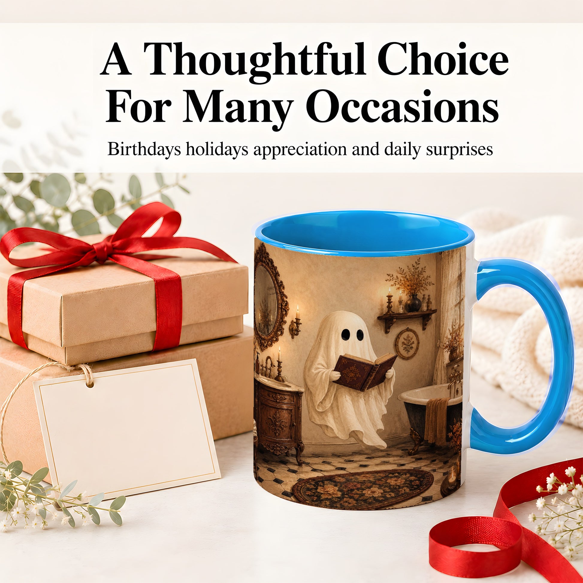 #pl[11oz|Blue] Reading Ghost Ceramic Mug, Vintage Bathroom Halloween Art for Readers