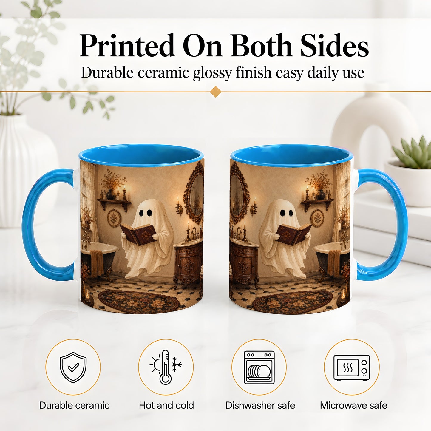 #pl[11oz|Blue] Reading Ghost Ceramic Mug, Vintage Bathroom Halloween Art for Readers