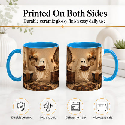 #pl[11oz|Blue] Reading Ghost Ceramic Mug, Vintage Bathroom Halloween Art for Readers