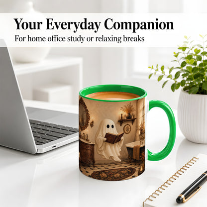#pl[11oz|Green] Reading Ghost Ceramic Mug, Vintage Bathroom Halloween Art for Readers