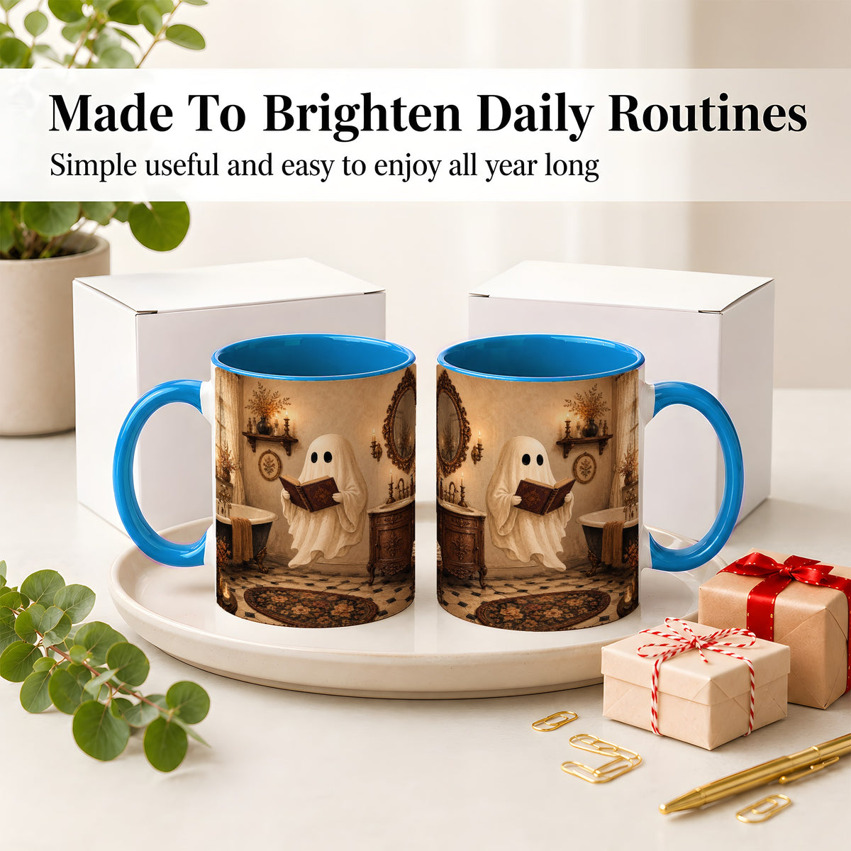 #pl[11oz|Blue] Reading Ghost Ceramic Mug, Vintage Bathroom Halloween Art for Readers