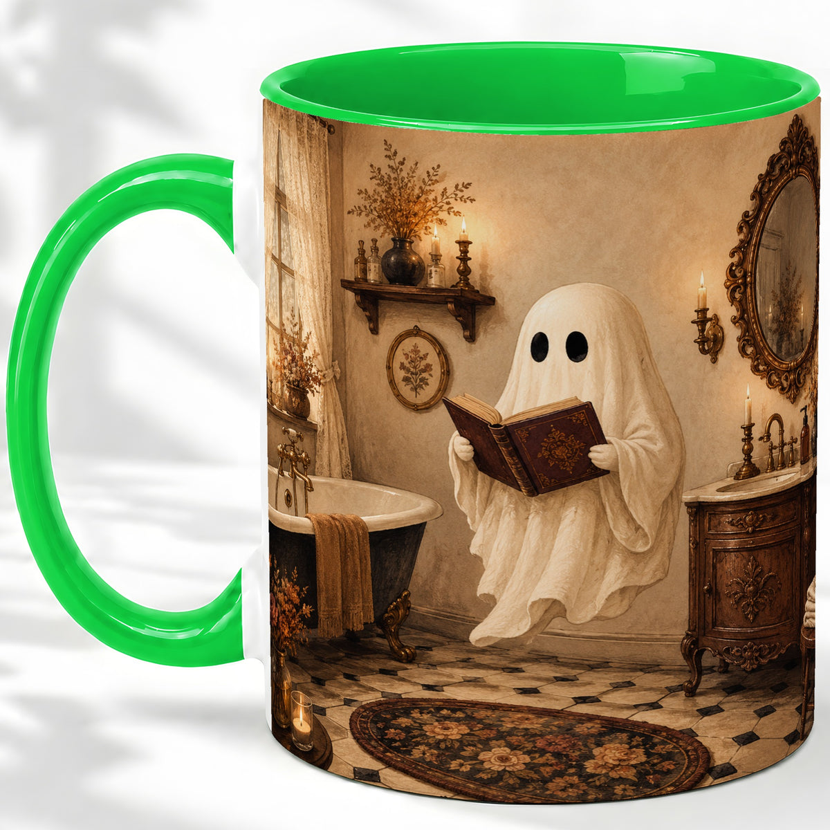 #pl[11oz|Green] Reading Ghost Ceramic Mug, Vintage Bathroom Halloween Art for Readers