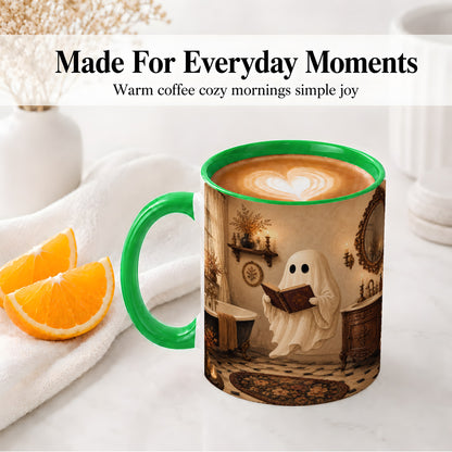 #pl[11oz|Green] Reading Ghost Ceramic Mug, Vintage Bathroom Halloween Art for Readers