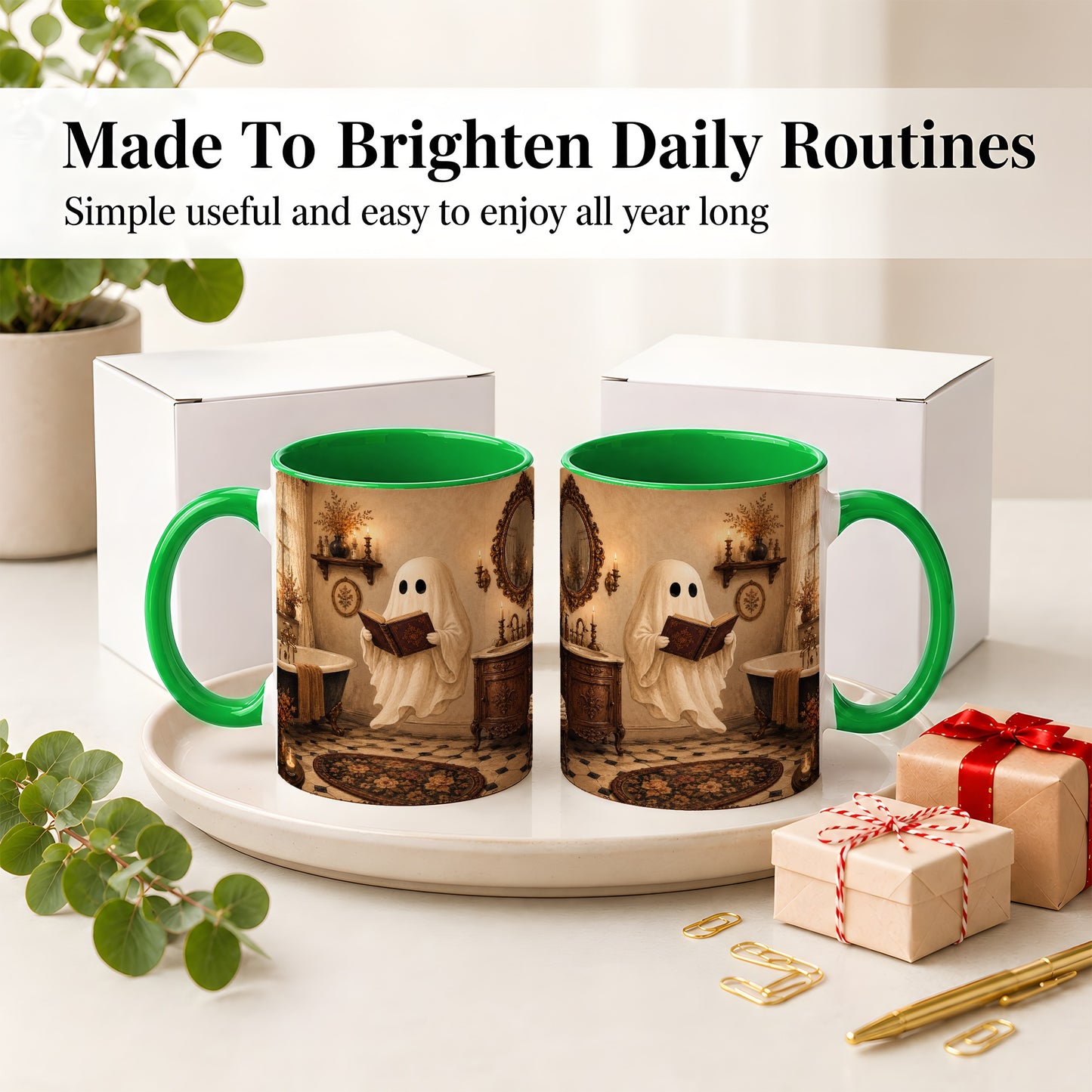 #pl[11oz|Green] Reading Ghost Ceramic Mug, Vintage Bathroom Halloween Art for Readers