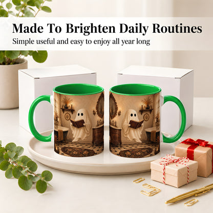 #pl[11oz|Green] Reading Ghost Ceramic Mug, Vintage Bathroom Halloween Art for Readers