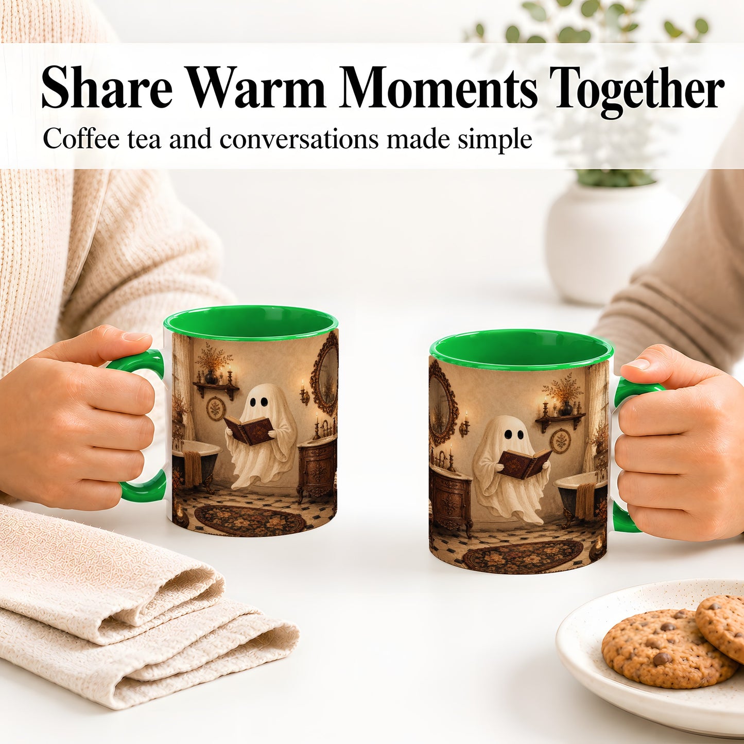 #pl[11oz|Green] Reading Ghost Ceramic Mug, Vintage Bathroom Halloween Art for Readers