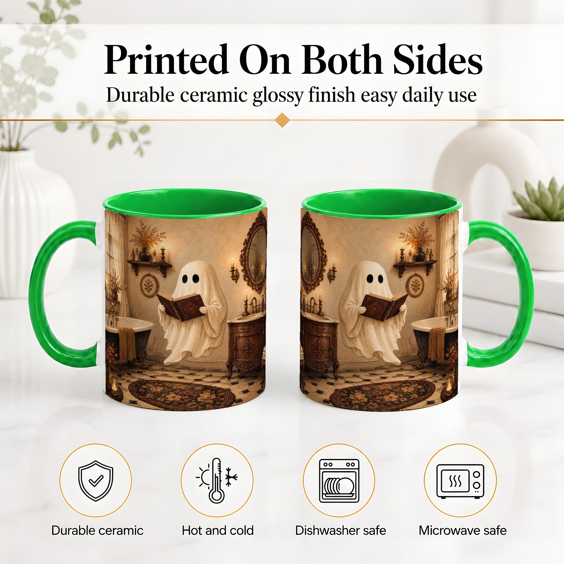 #pl[11oz|Green] Reading Ghost Ceramic Mug, Vintage Bathroom Halloween Art for Readers