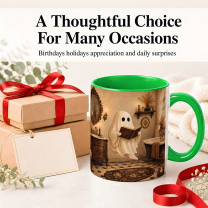 #pl[11oz|Green] Reading Ghost Ceramic Mug, Vintage Bathroom Halloween Art for Readers