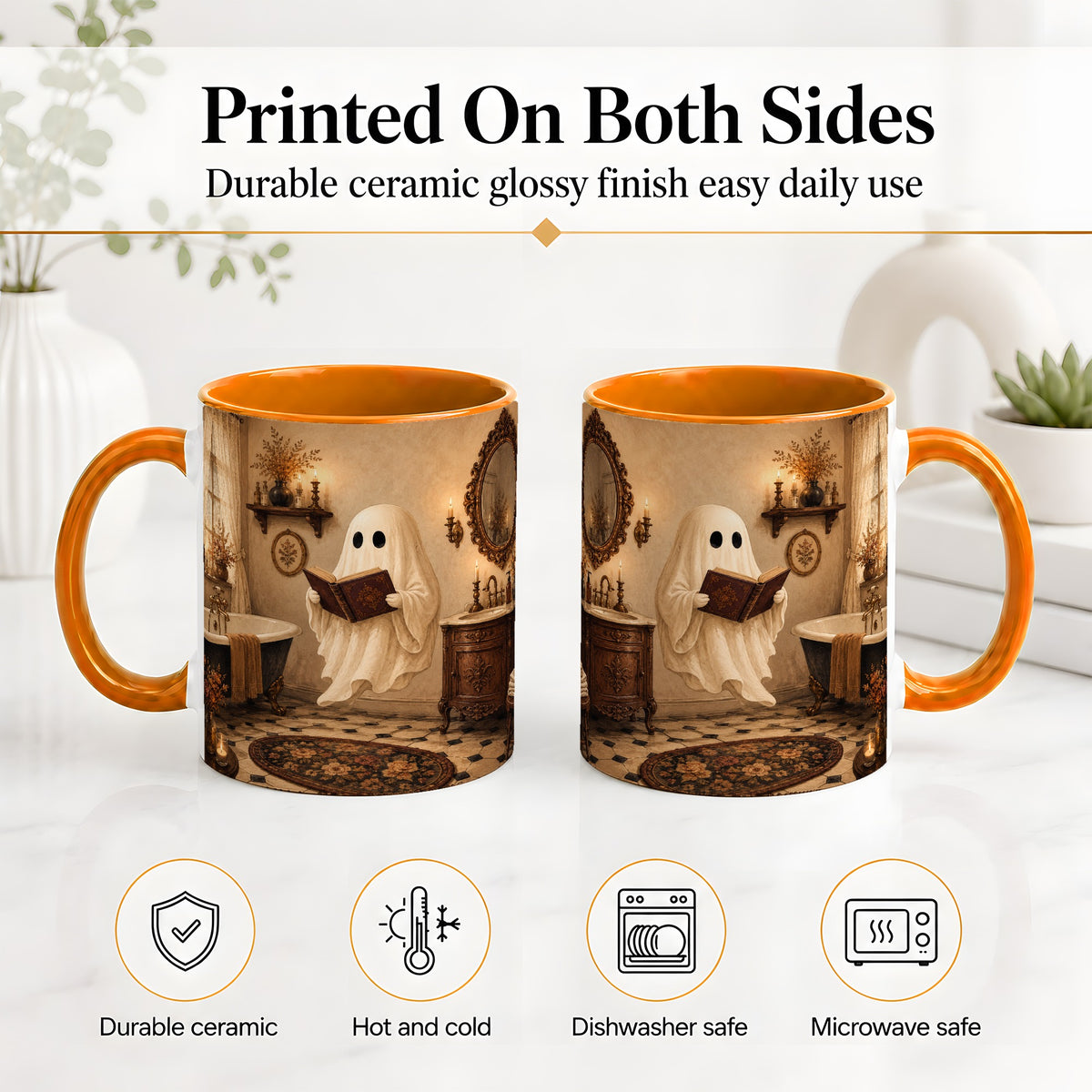 #pl[11oz|Orange] Reading Ghost Ceramic Mug, Vintage Bathroom Halloween Art for Readers