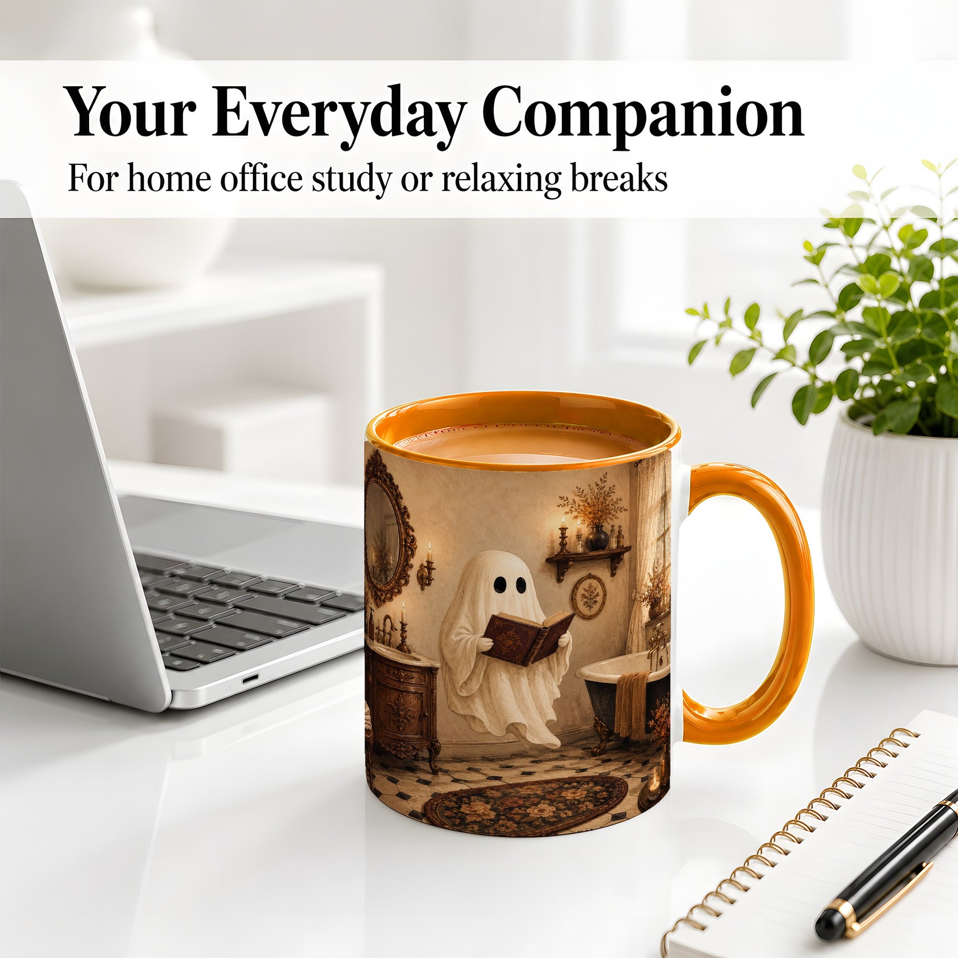 #pl[11oz|Orange] Reading Ghost Ceramic Mug, Vintage Bathroom Halloween Art for Readers