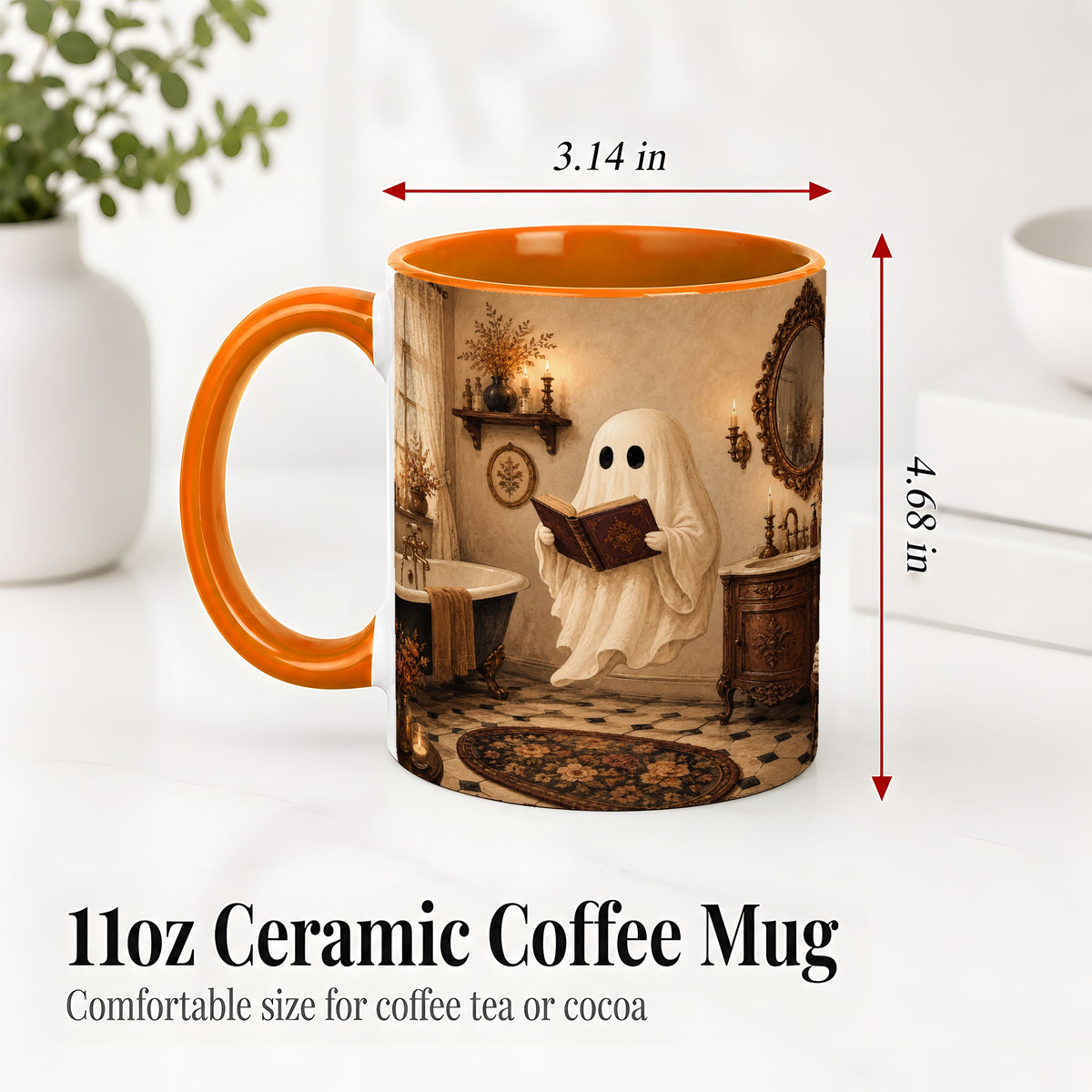 #pl[11oz|Orange] Reading Ghost Ceramic Mug, Vintage Bathroom Halloween Art for Readers