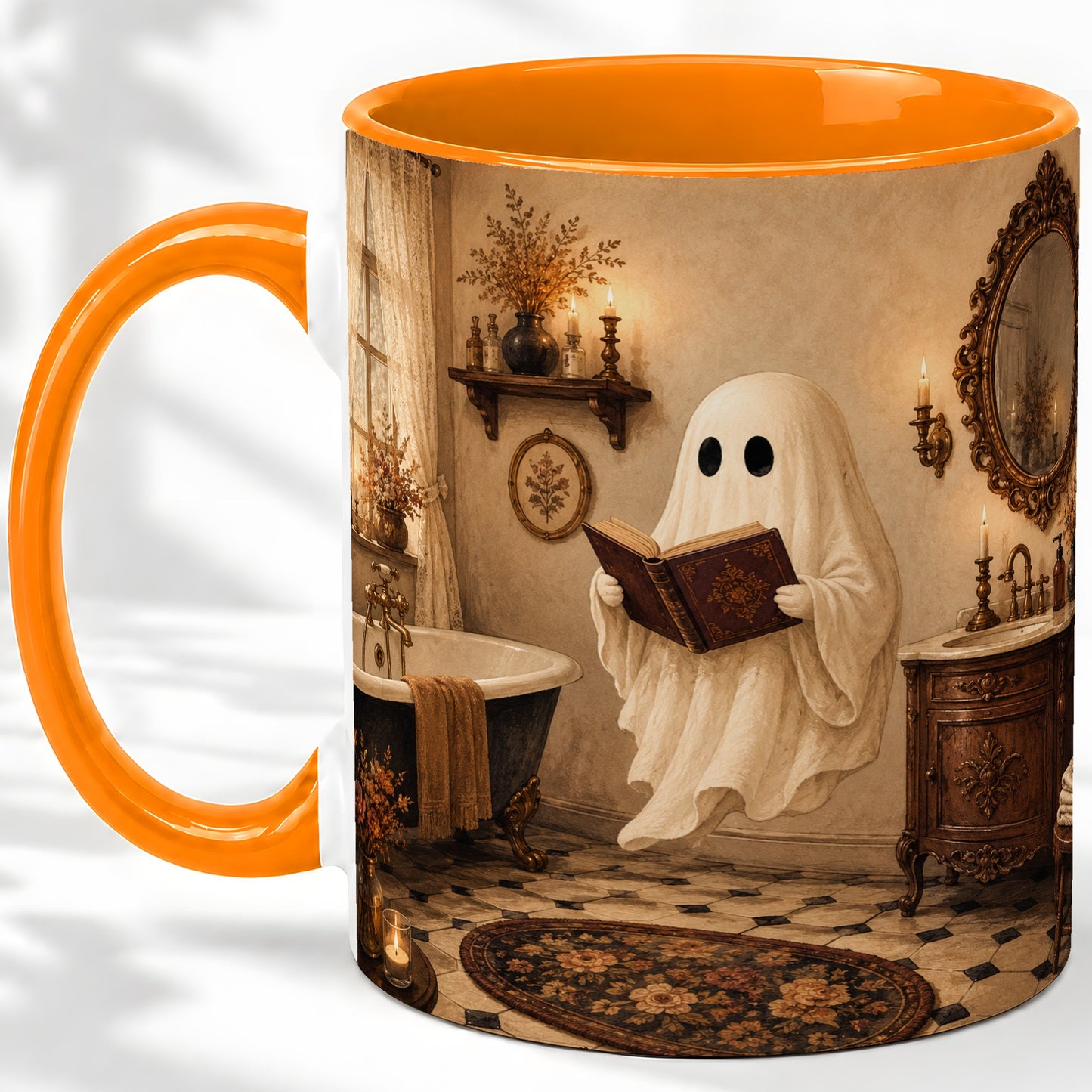 #pl[11oz|Orange] Reading Ghost Ceramic Mug, Vintage Bathroom Halloween Art for Readers