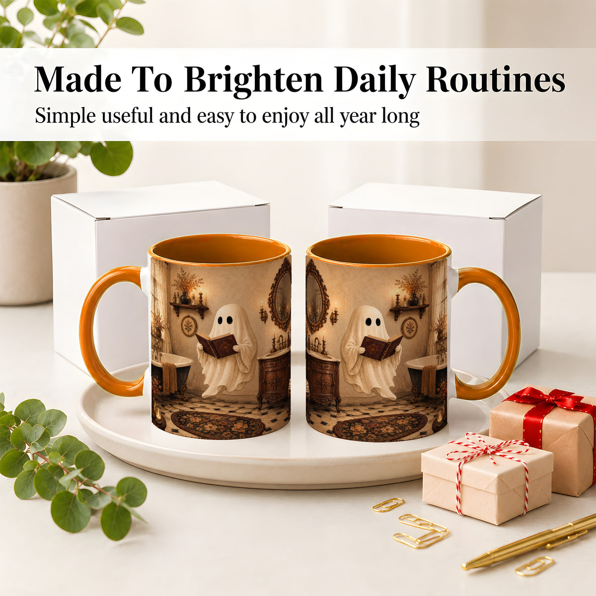 #pl[11oz|Orange] Reading Ghost Ceramic Mug, Vintage Bathroom Halloween Art for Readers