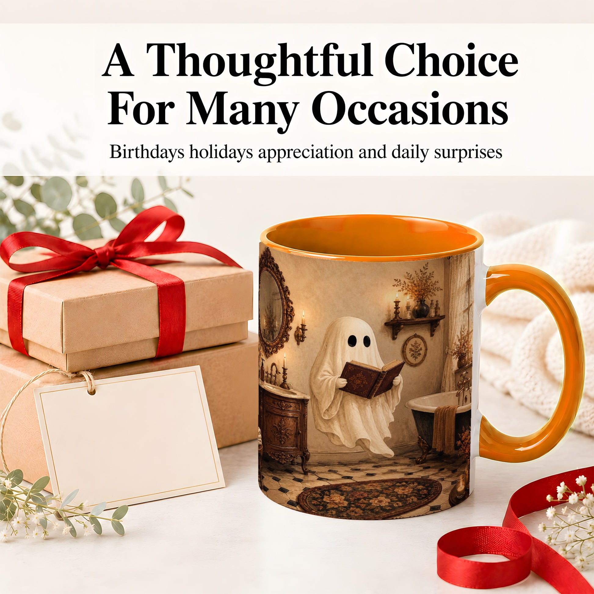 #pl[11oz|Orange] Reading Ghost Ceramic Mug, Vintage Bathroom Halloween Art for Readers