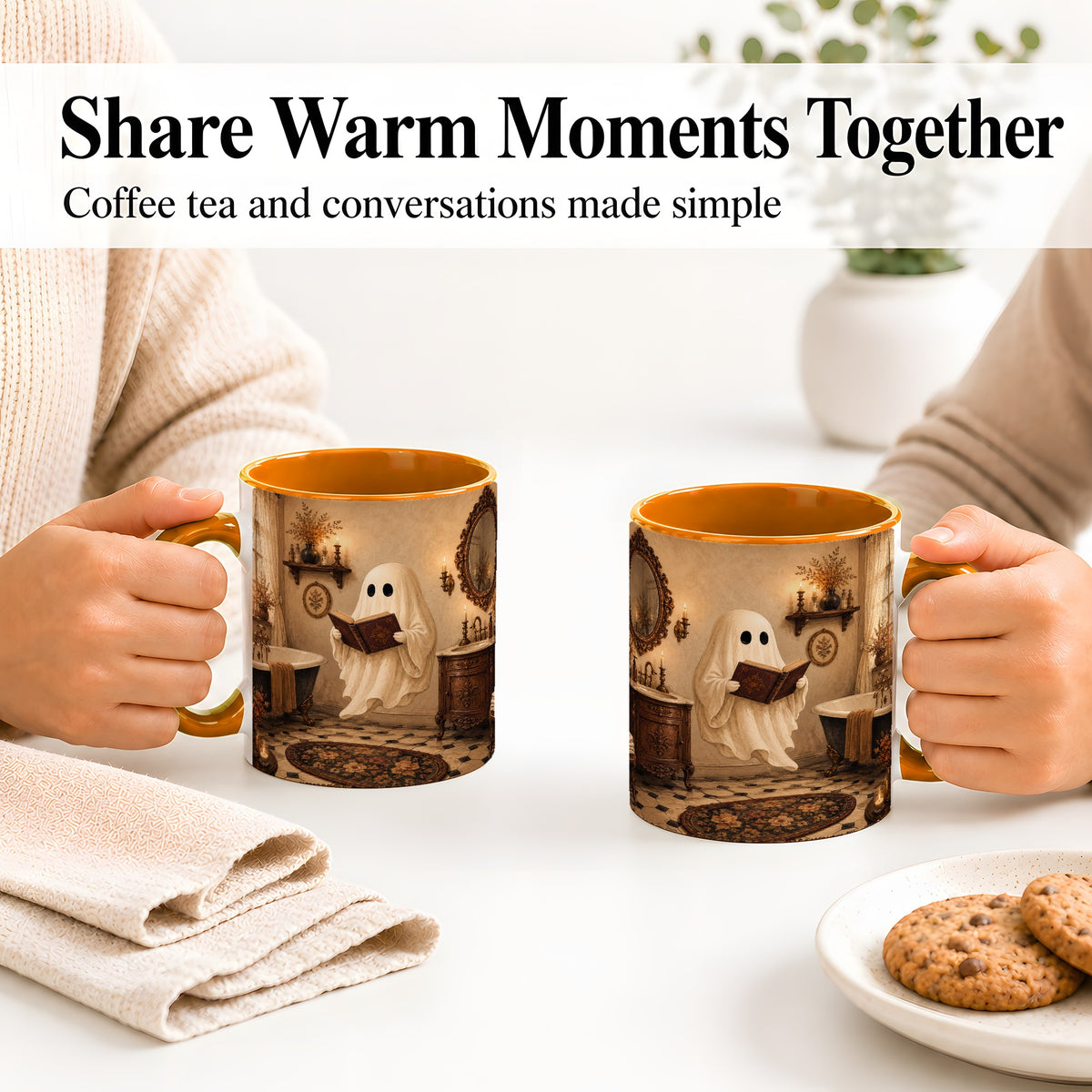 #pl[11oz|Orange] Reading Ghost Ceramic Mug, Vintage Bathroom Halloween Art for Readers