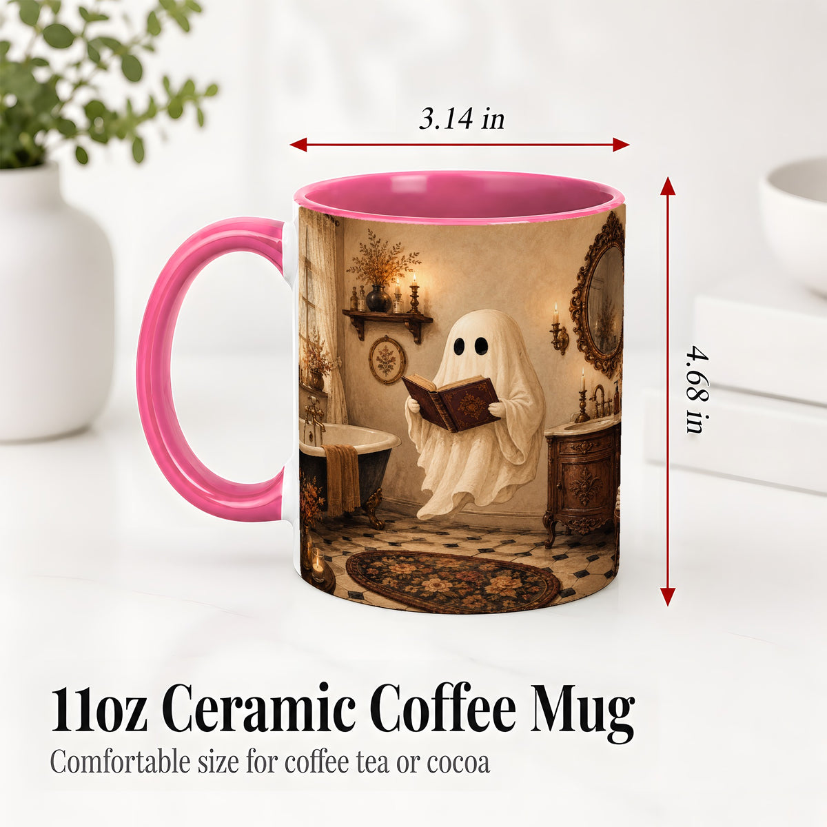 #pl[11oz|Pink] Reading Ghost Ceramic Mug, Vintage Bathroom Halloween Art for Readers
