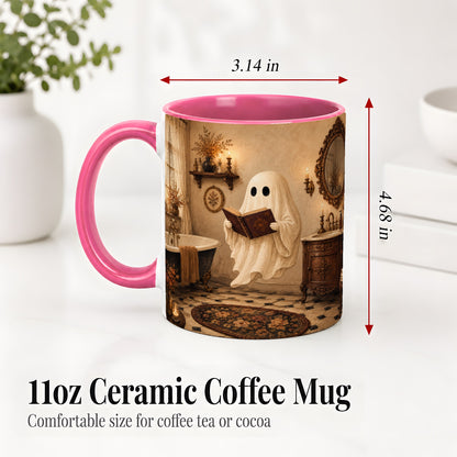 #pl[11oz|Pink] Reading Ghost Ceramic Mug, Vintage Bathroom Halloween Art for Readers