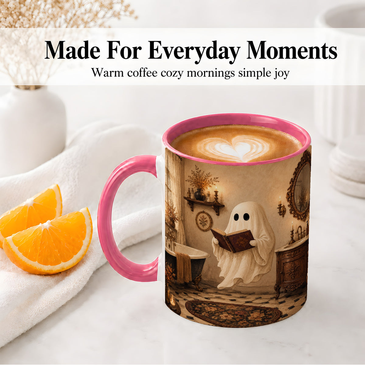 #pl[11oz|Pink] Reading Ghost Ceramic Mug, Vintage Bathroom Halloween Art for Readers