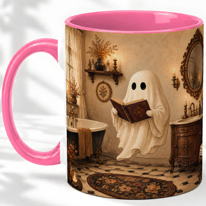 #pl[11oz|Pink] Reading Ghost Ceramic Mug, Vintage Bathroom Halloween Art for Readers