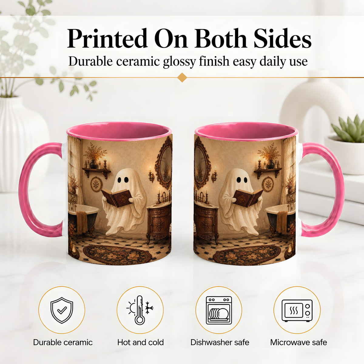 #pl[11oz|Pink] Reading Ghost Ceramic Mug, Vintage Bathroom Halloween Art for Readers
