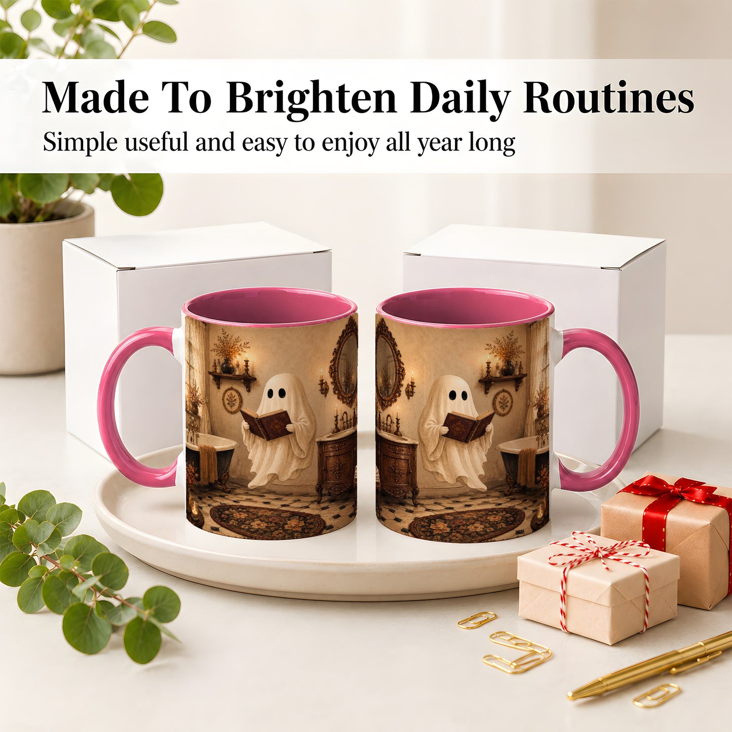 #pl[11oz|Pink] Reading Ghost Ceramic Mug, Vintage Bathroom Halloween Art for Readers