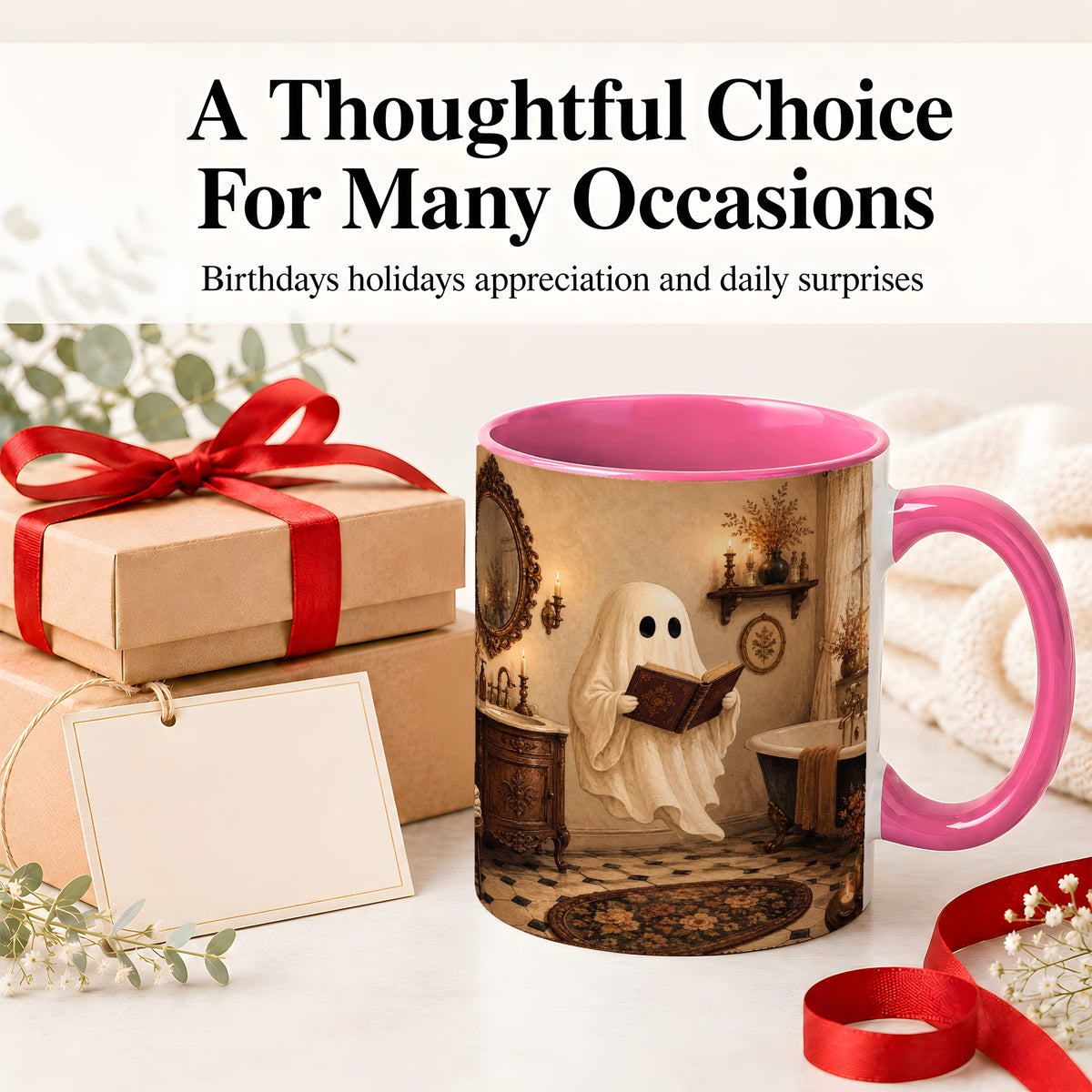 #pl[11oz|Pink] Reading Ghost Ceramic Mug, Vintage Bathroom Halloween Art for Readers