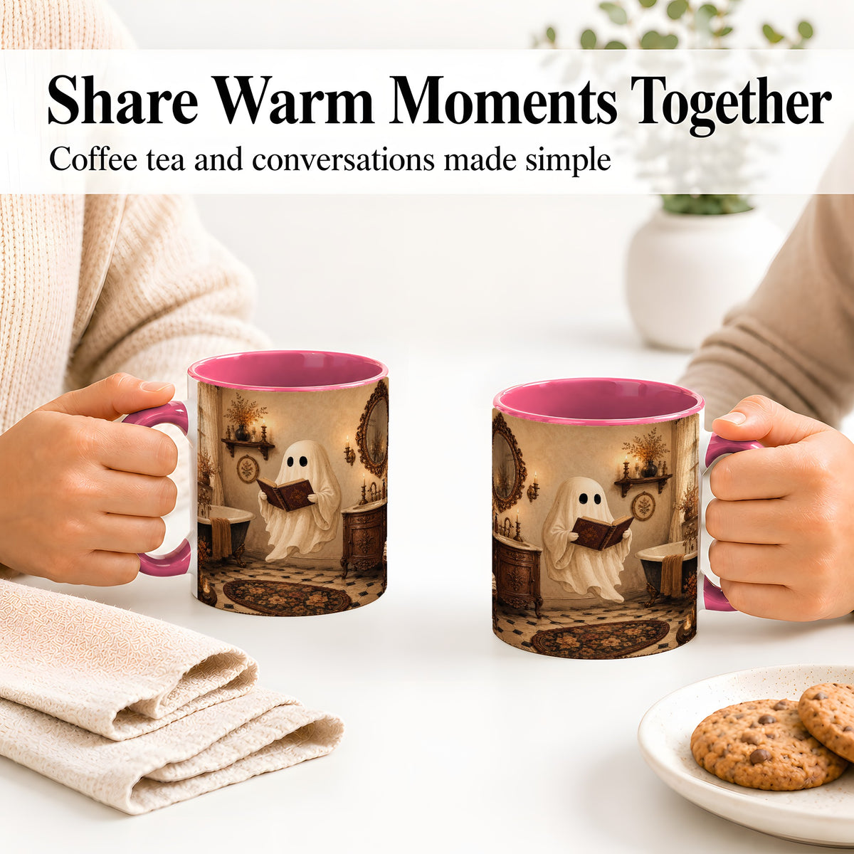 #pl[11oz|Pink] Reading Ghost Ceramic Mug, Vintage Bathroom Halloween Art for Readers