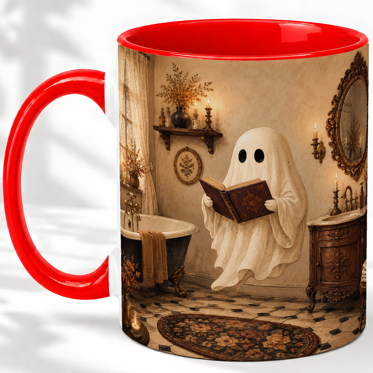 Reading Ghost Ceramic Mug, Vintage Bathroom Halloween Art for Readers