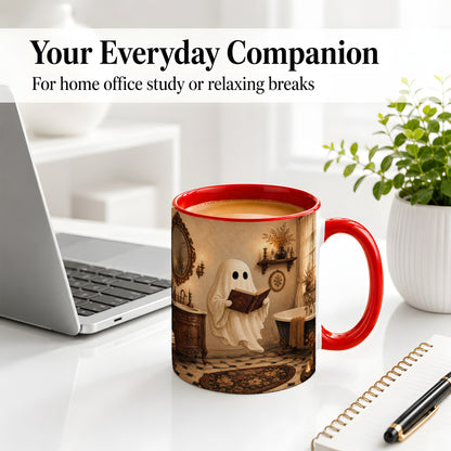 #pl[11oz|Red] Reading Ghost Ceramic Mug, Vintage Bathroom Halloween Art for Readers