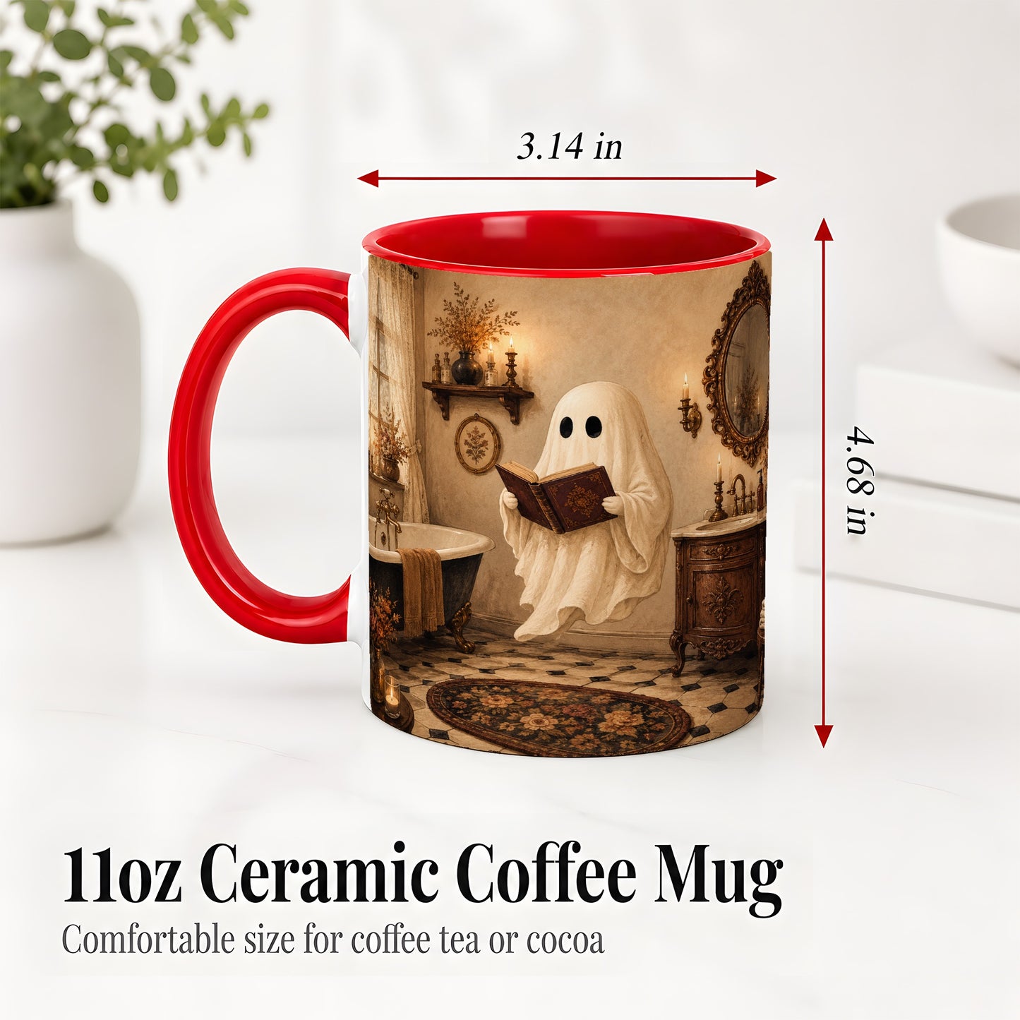 #pl[11oz|Red] Reading Ghost Ceramic Mug, Vintage Bathroom Halloween Art for Readers