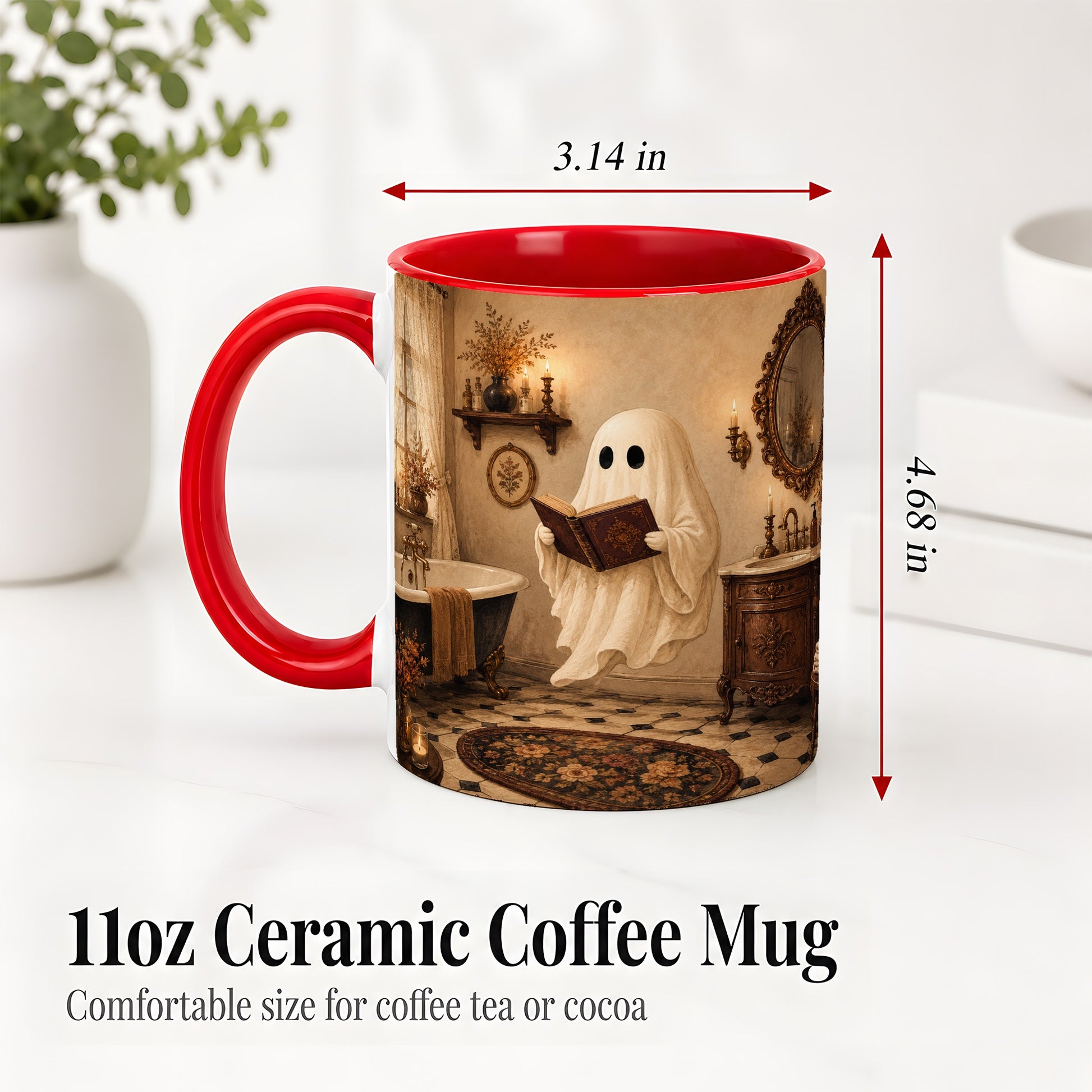 #pl[11oz|Red] Reading Ghost Ceramic Mug, Vintage Bathroom Halloween Art for Readers