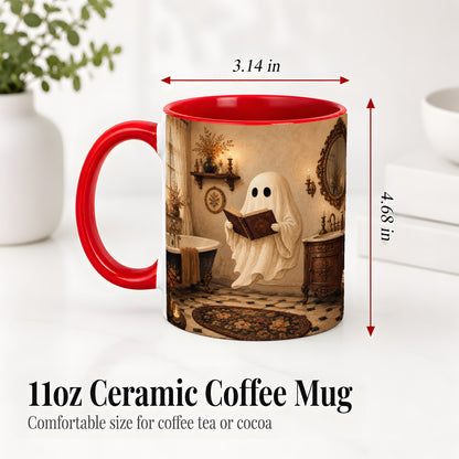 #pl[11oz|Red] Reading Ghost Ceramic Mug, Vintage Bathroom Halloween Art for Readers