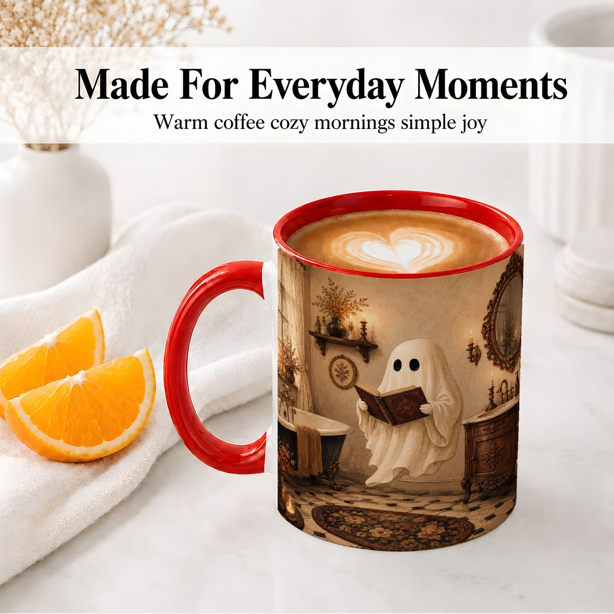 #pl[11oz|Red] Reading Ghost Ceramic Mug, Vintage Bathroom Halloween Art for Readers