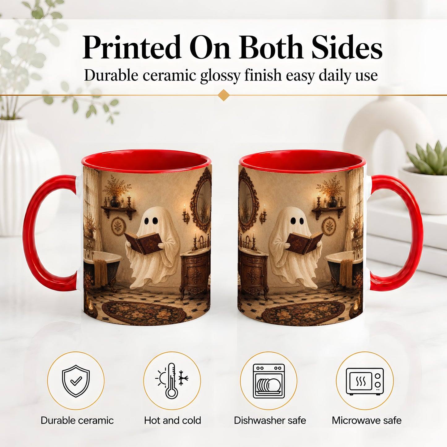 #pl[11oz|Red] Reading Ghost Ceramic Mug, Vintage Bathroom Halloween Art for Readers